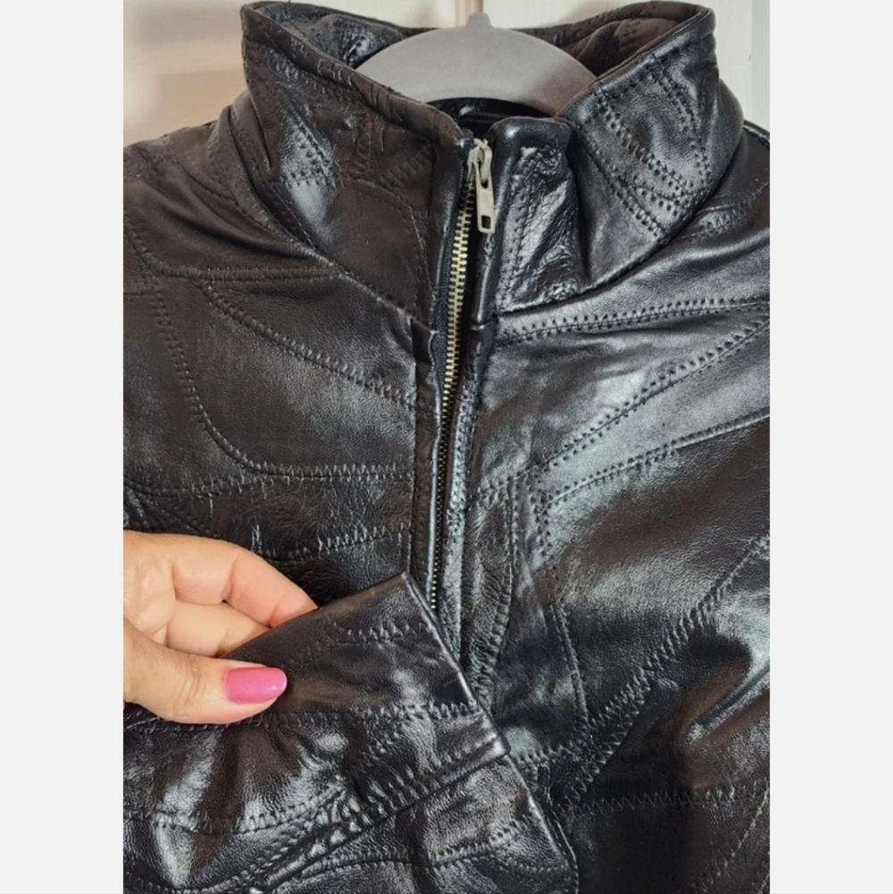 Vintage Junction West size L black patchwork leather coat full zip side pockets